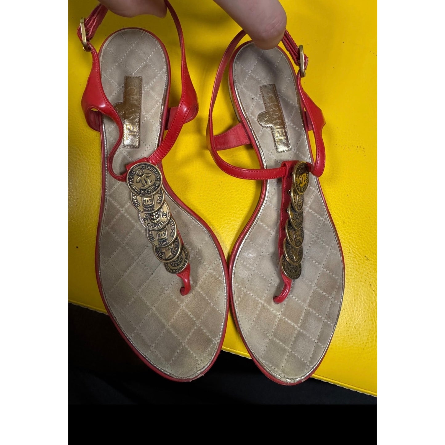 Chanel Red Leather Block Heel Open Toe Sandals Size 38 pre-owned