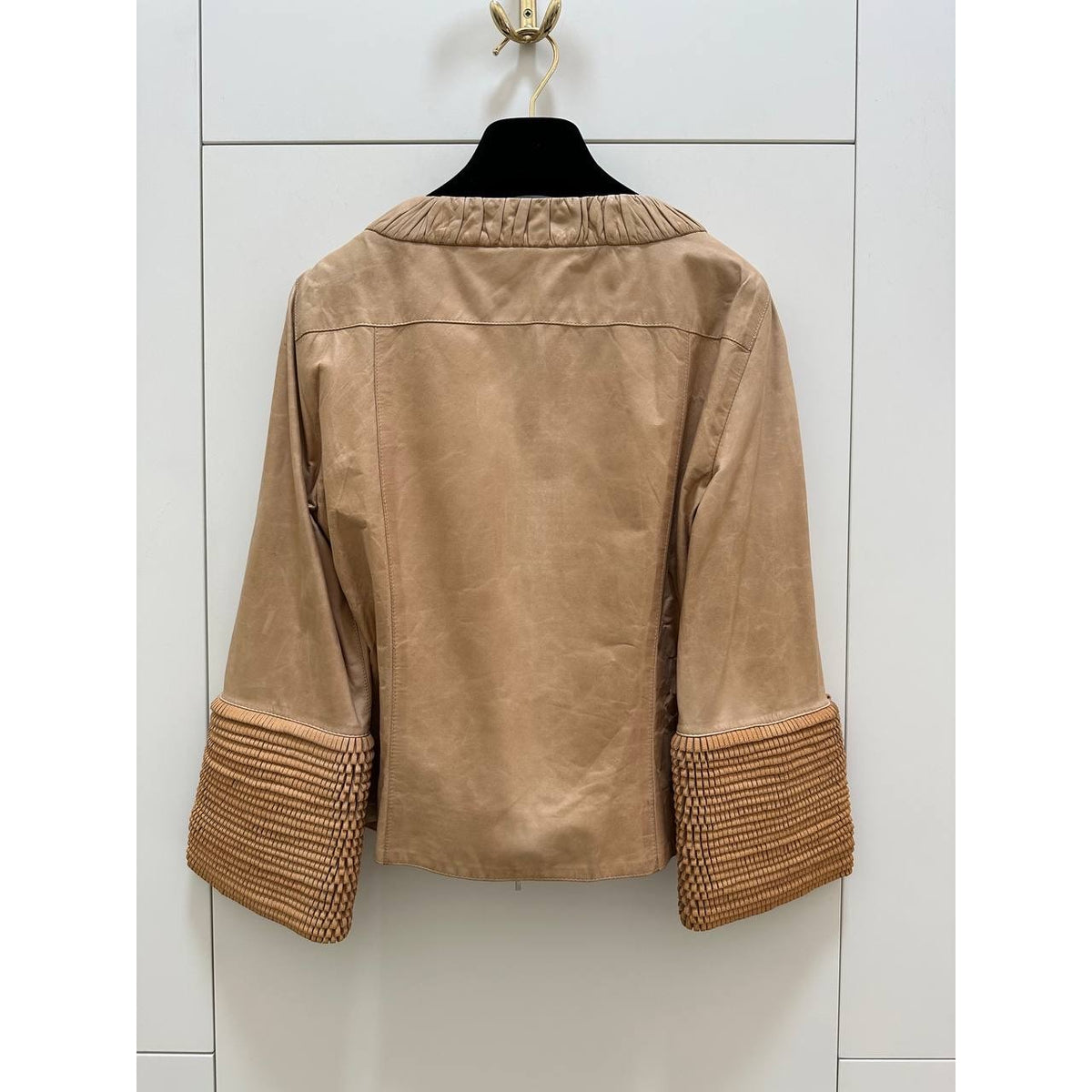 Fendi Beige Leather Jacket Woven Sleeves IT 42 Pre-owned
