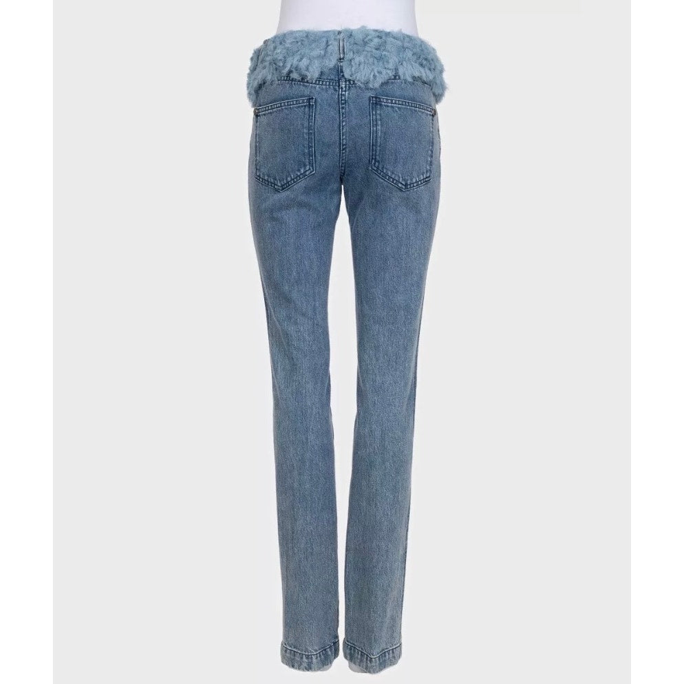 Chanel Light Blue Straight Fur Trim Jeans Sz.38 Pre-owned