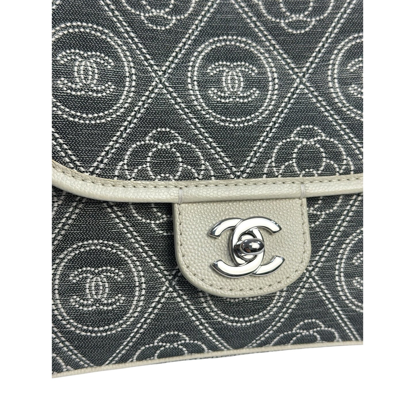 Chanel Camellia Double Side Flap Bag Quilted Printed Canvas Small Gray pre-owned