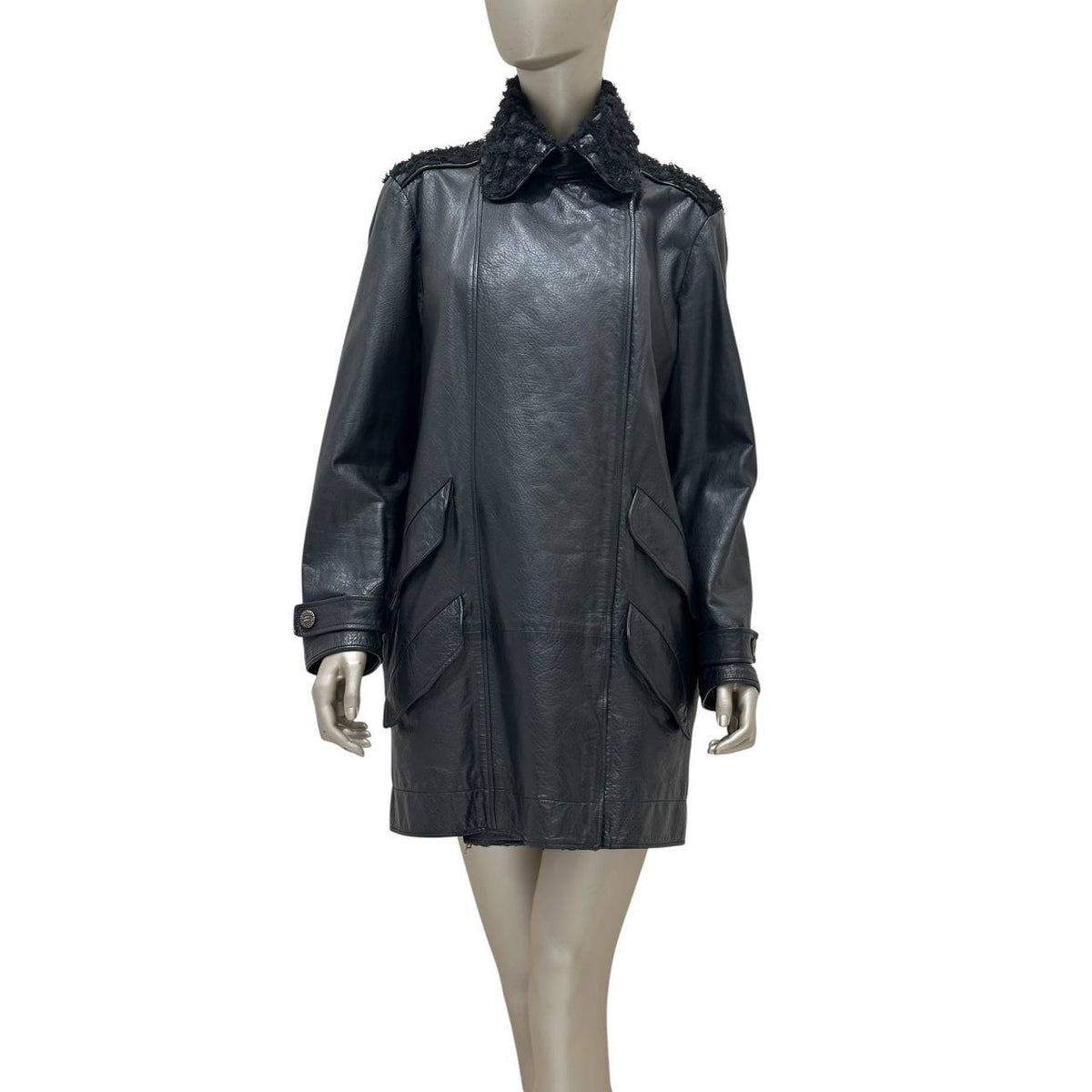 CHANEL Vintage Black Leather Bouclé Trim Jacket Sz. 42-44 Pre-owned