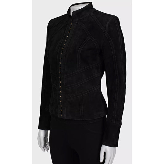 Balmain Black Suede Jacket with Gold Hardware - Size 38 Pre-owned