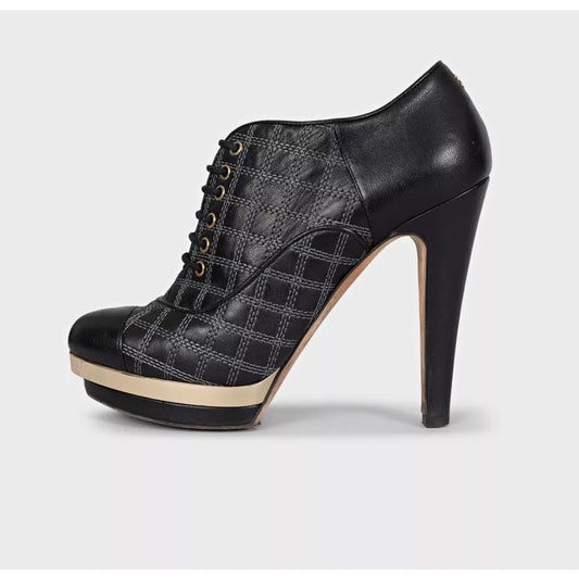 Chanel Black Leather Checkered Embroidery Ankle Boots Sz 37.5 pre-owned