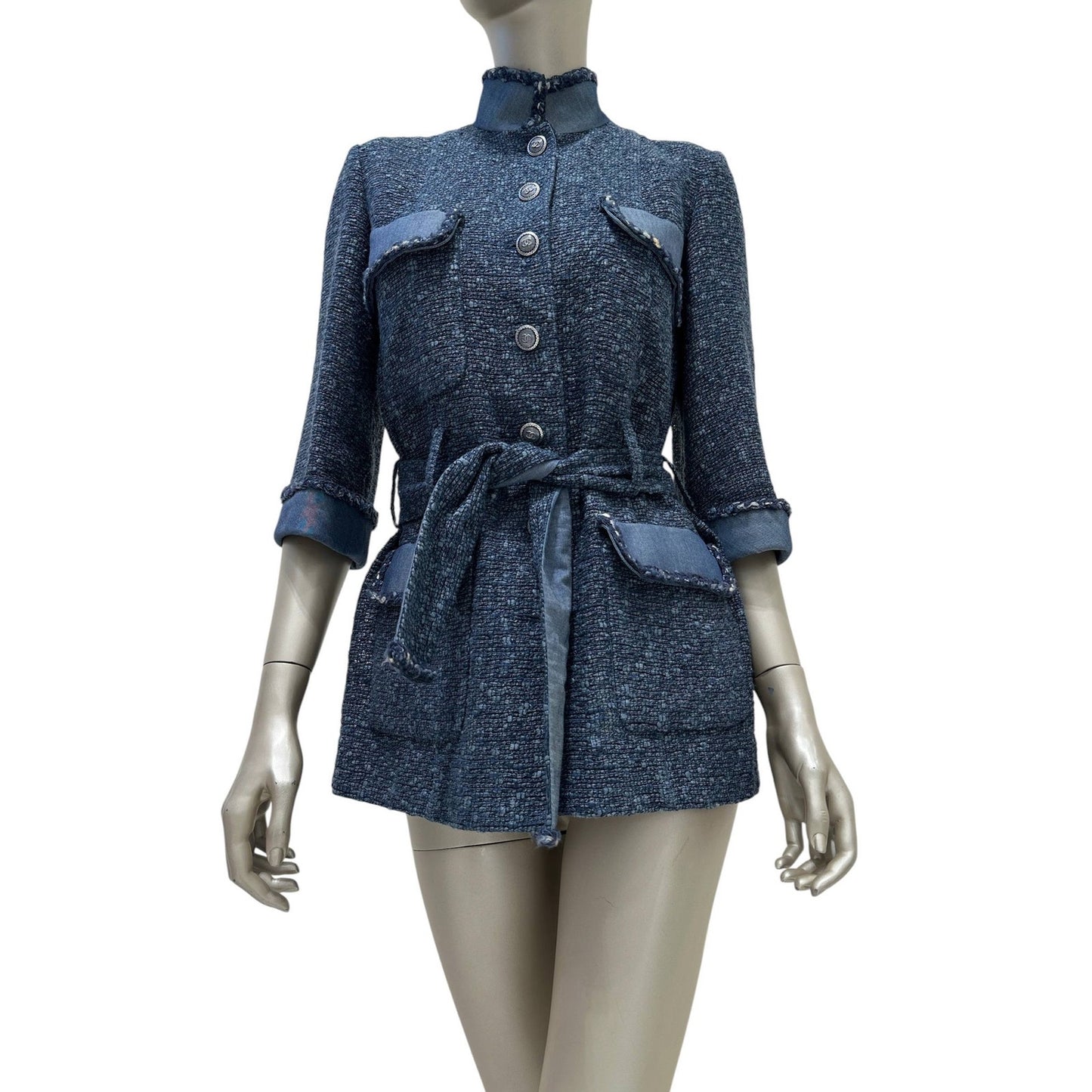 Chanel Spring 2012 Blue Tweed & Denim Belted Jacket FR 38 Pre-owned