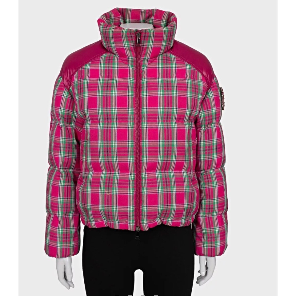 Moncler Pink Plaid Down Puffer Jacket Crystal Detail XXS US 0 Pre-owned