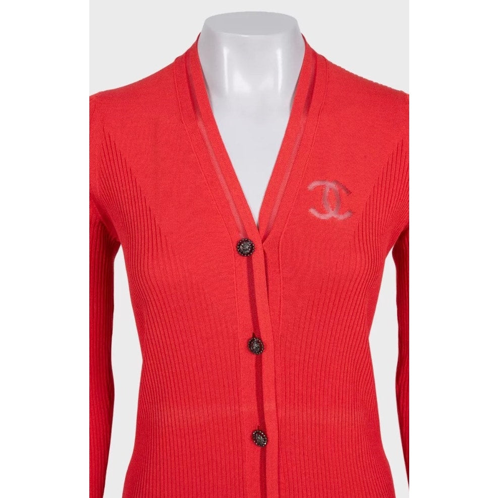 CHANEL Red Silk Cotton Blend Fitted Long Cardigan FR 38 M Pre-owned