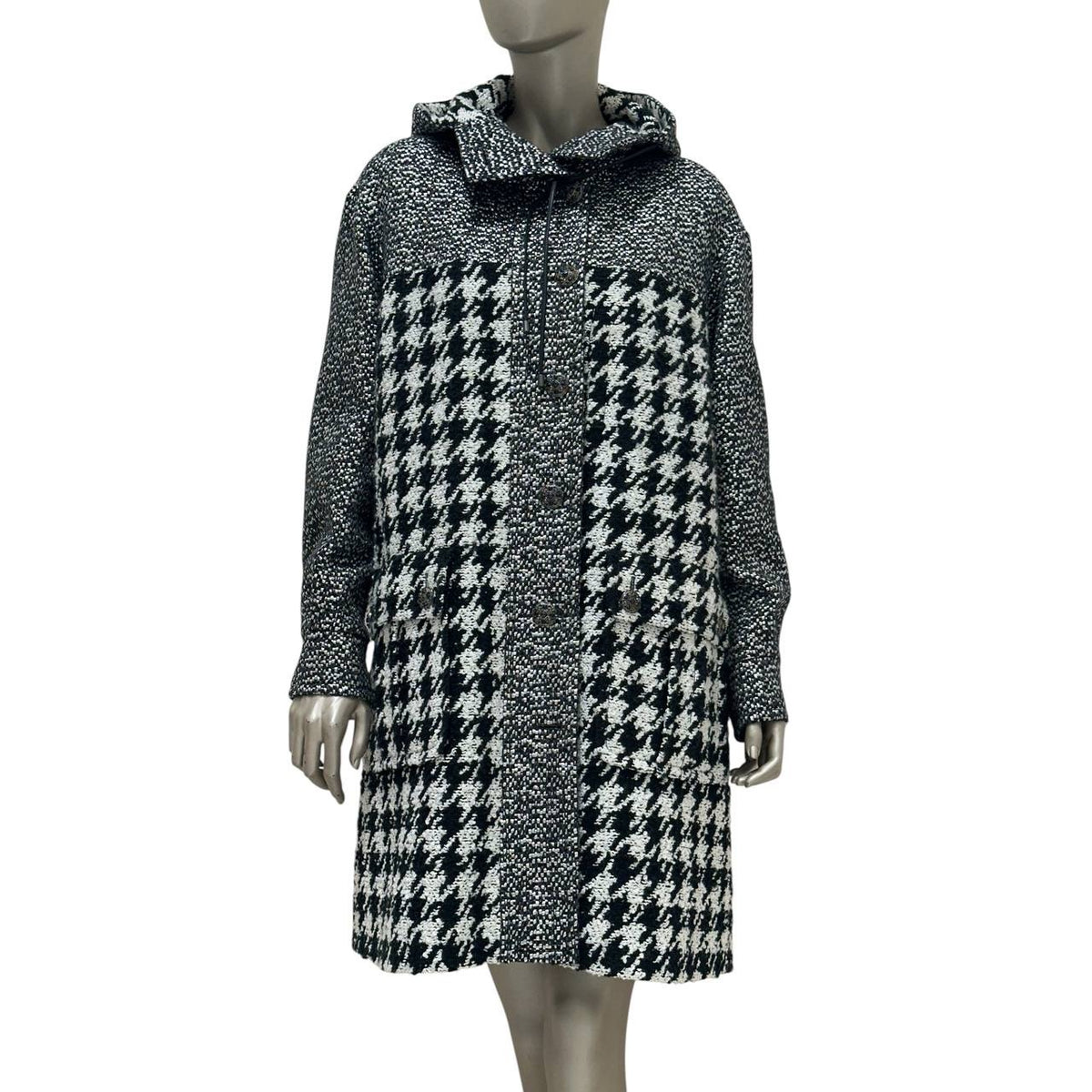 Chanel Black White Houndstooth Tweed Hooded Coat Sz.38 Pre-owned