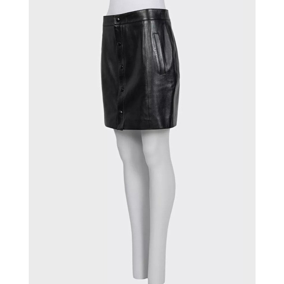 Saint Laurent Black Leather A-Line Button-Up Skirt Sz 42 Pre-owned