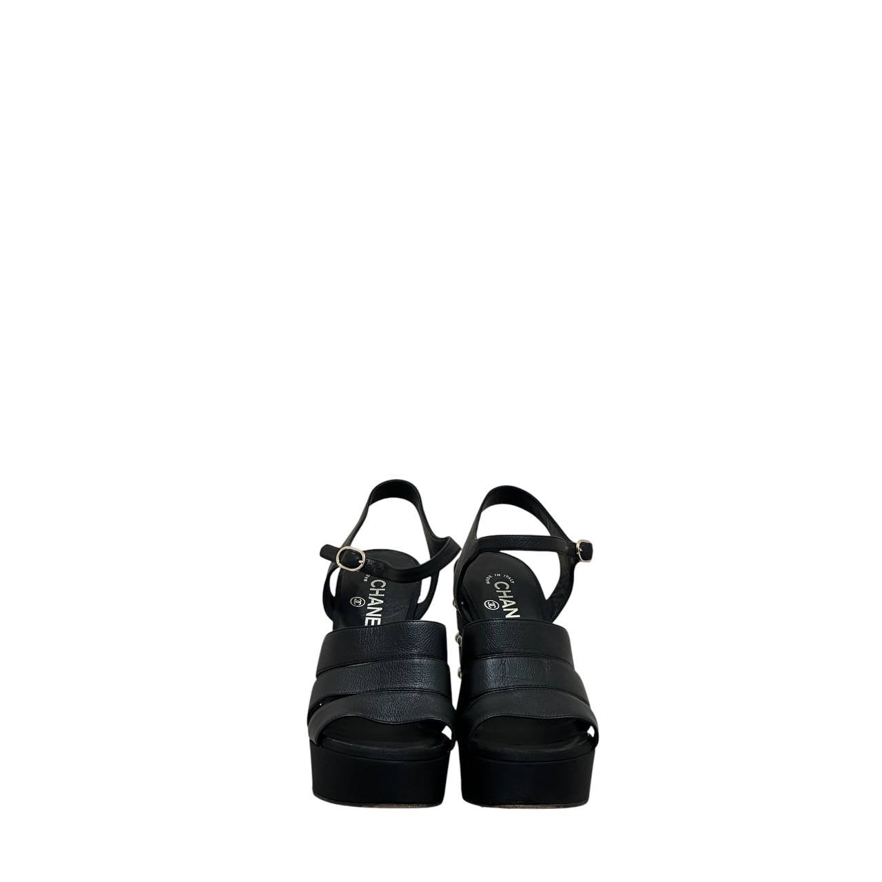 Chanel 2019 Black CC Logo Faux Pearl Platform Sandals Sz.38.5 Pre-owned