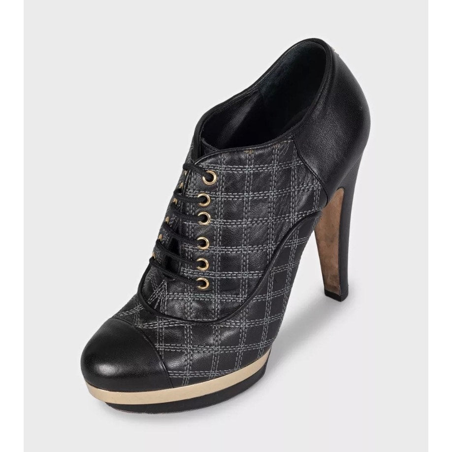 Chanel Black Leather Checkered Embroidery Ankle Boots Sz 37.5 pre-owned