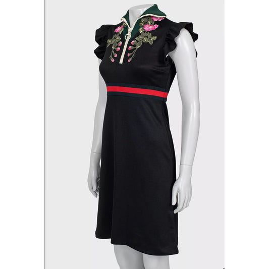 Gucci Embroidered Detail Black Polyester Dress XS Pre-owned