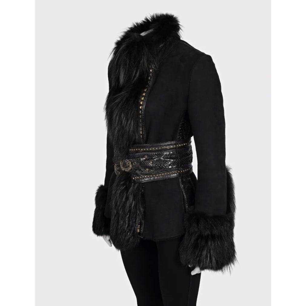 Roberto Cavalli Black Leather Shearling Jacket Fox Fur Trim IT 42 M Pre-owned