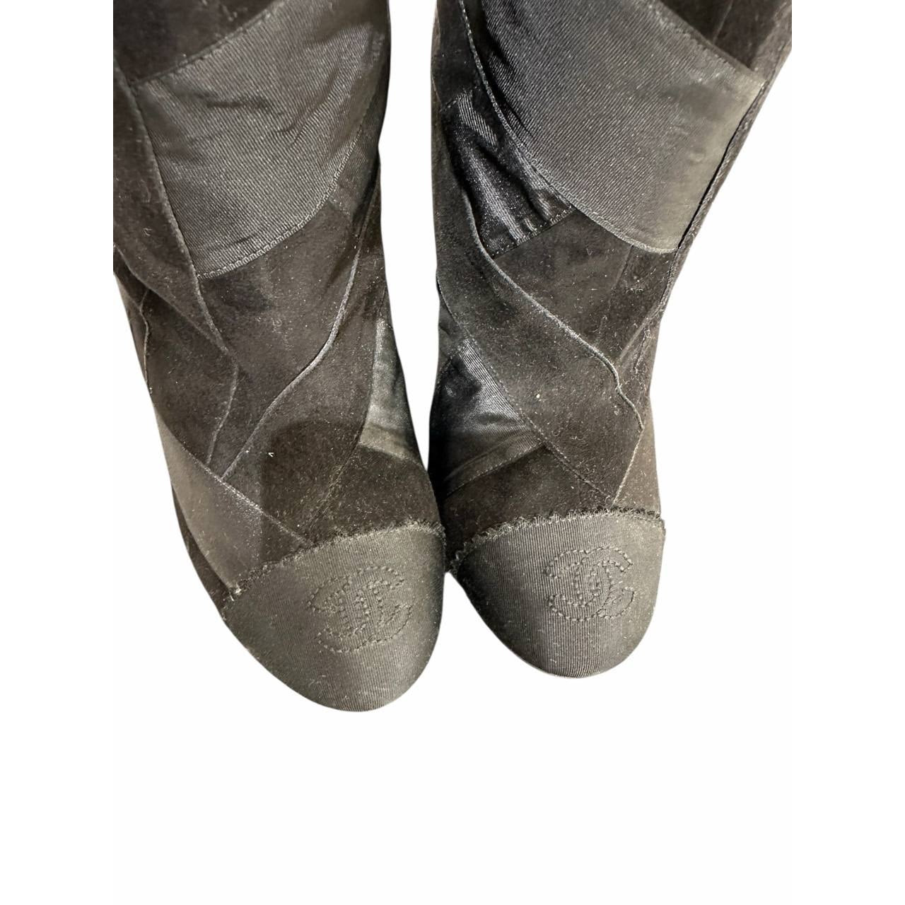 CHANEL Black Suede & Ribbon Patchwork Over Knee Boots Sz.38 Pre-owned