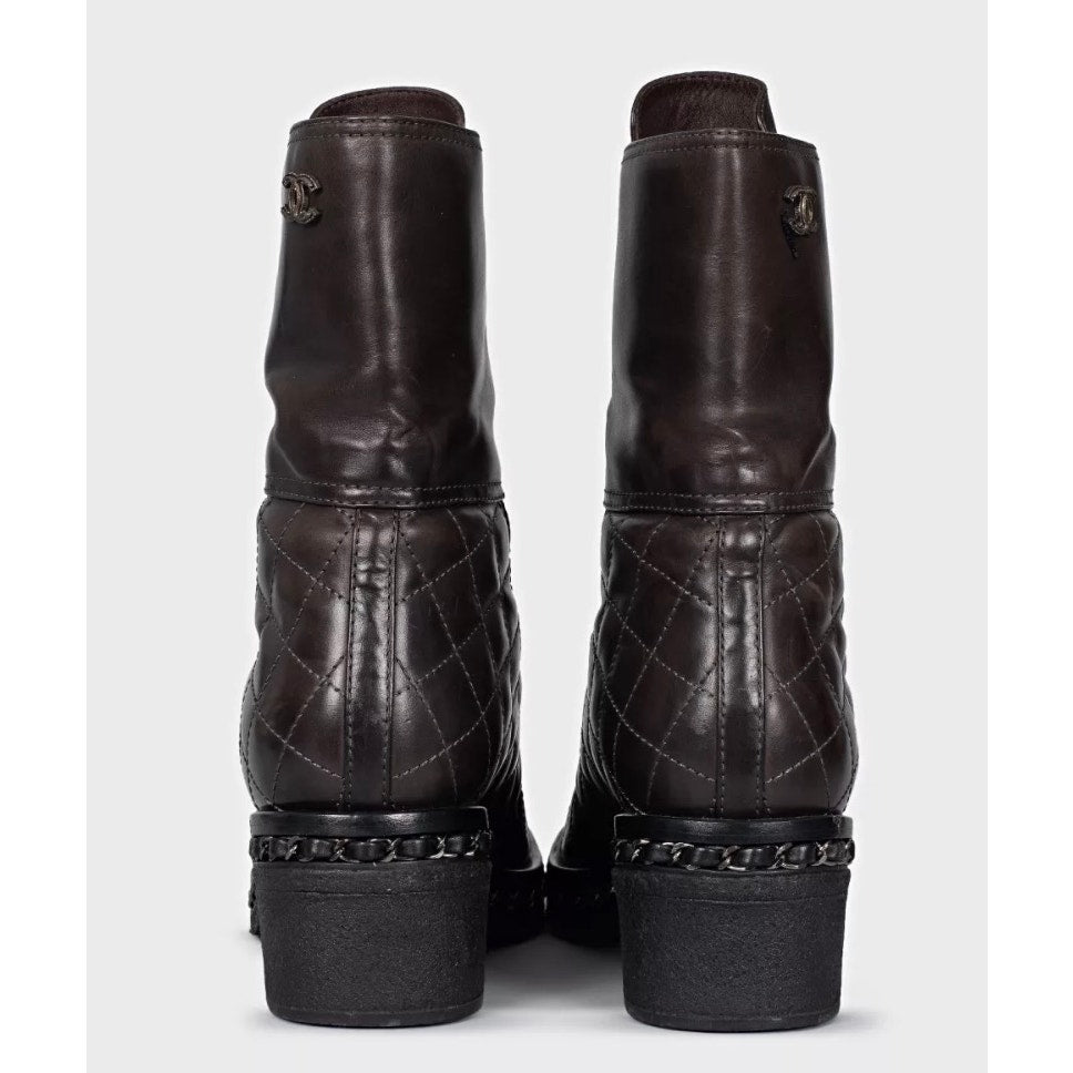 Chanel Brown Quilted Leather Lace-Up Boots - Size 8/38 Pre-owned