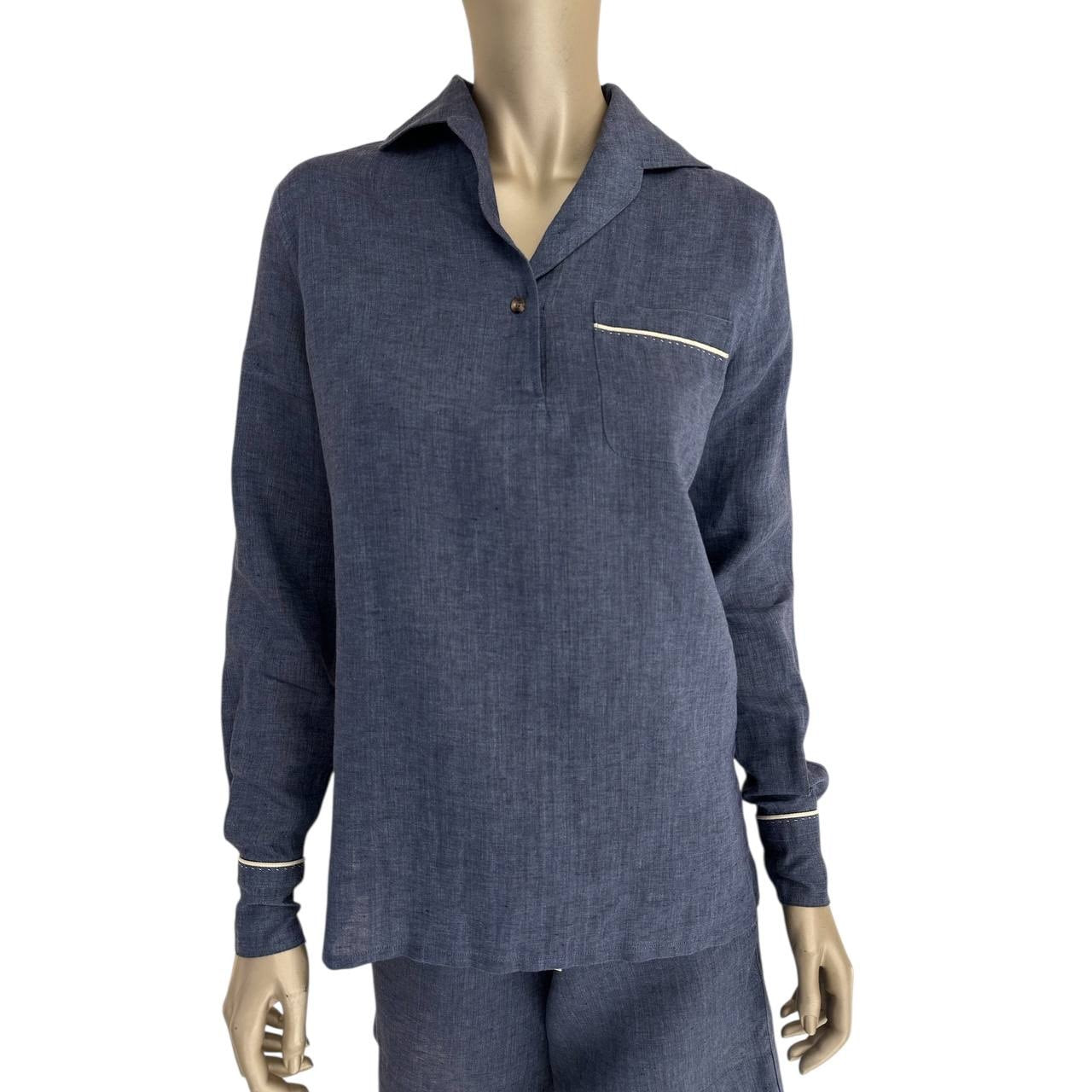 Loro Piana Blue Linen Shirt & Shorts Set - Size 38