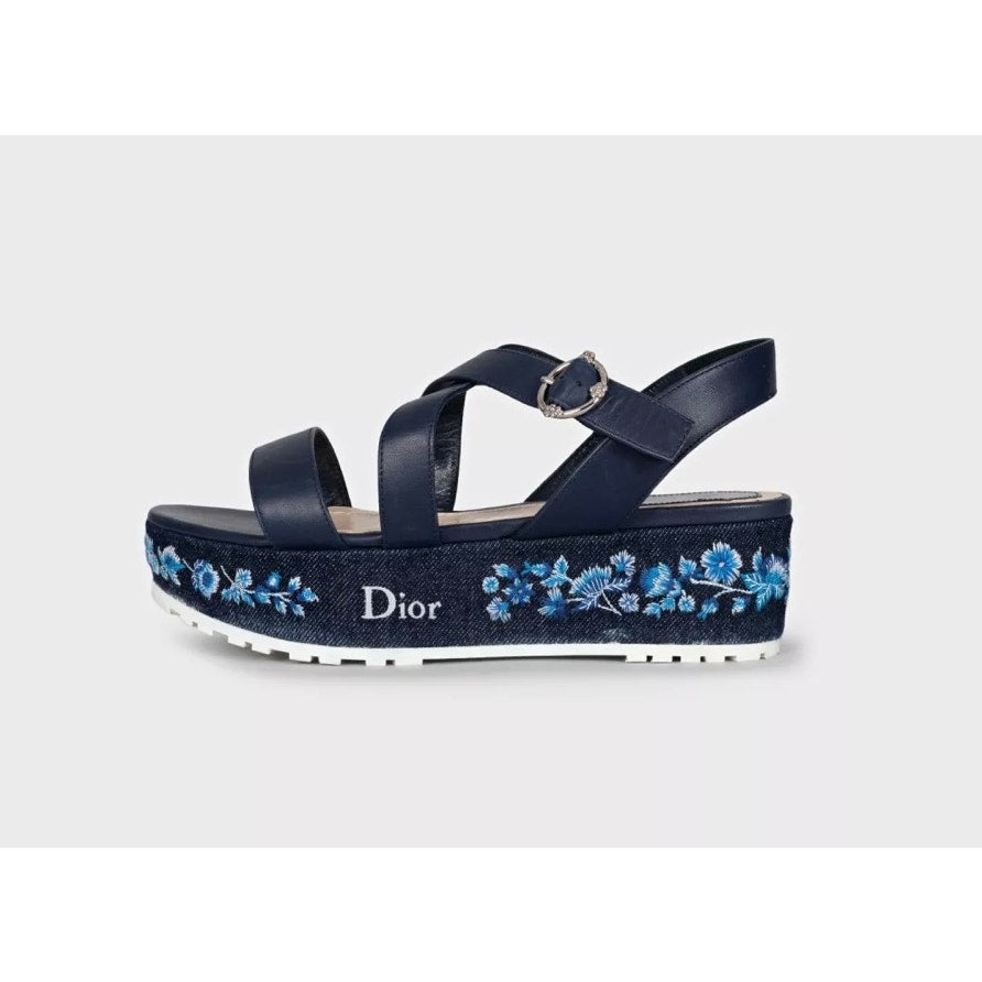 Christian Dior Embroidered Leather Platform Sandals Sz.38 pre-owned