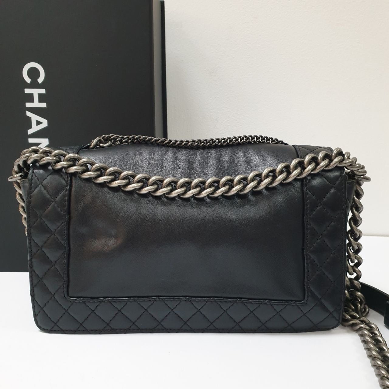 CHANEL Black Lambskin Leather Multi Chains Boy Bag pre-owned