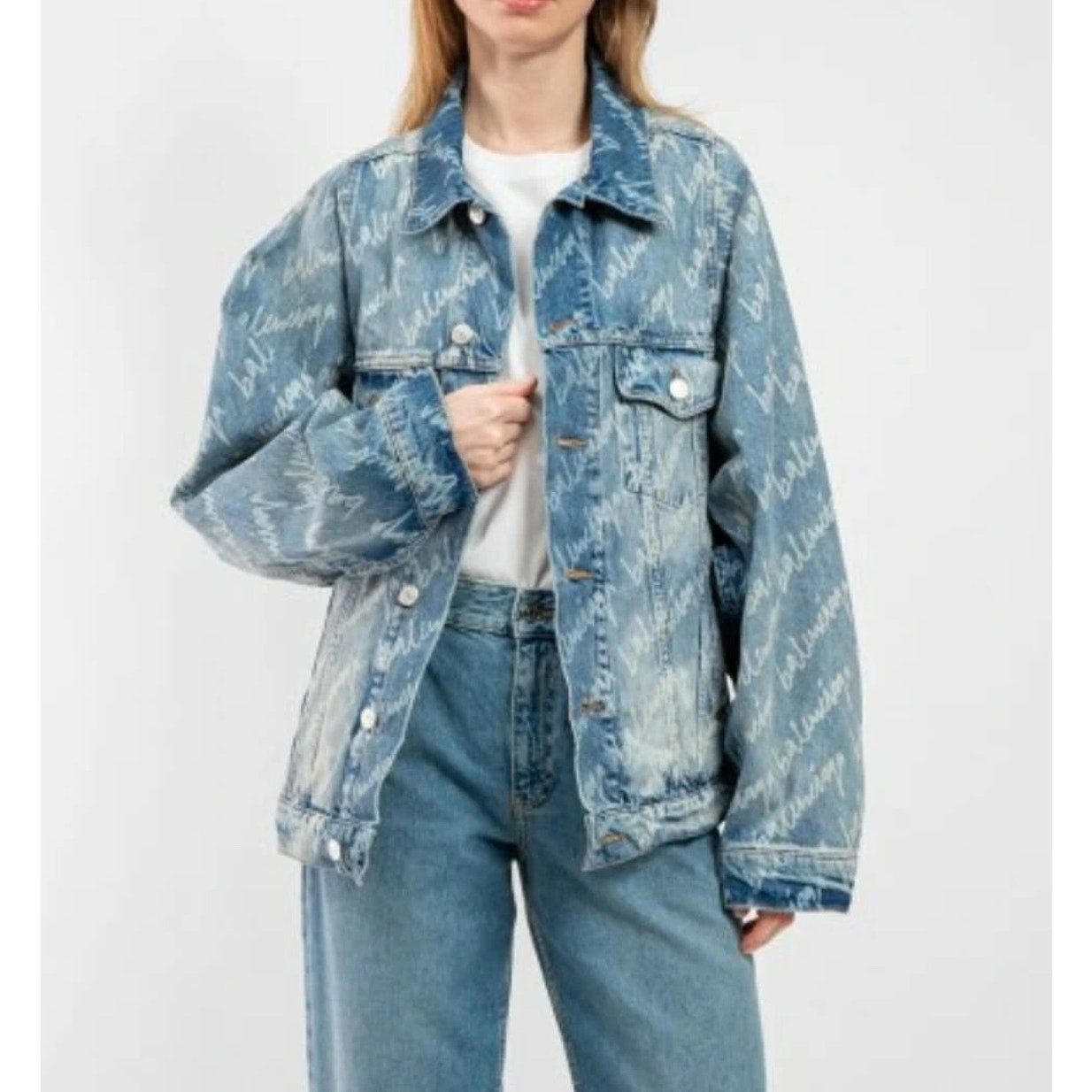 Balenciaga All-Over Logo Denim Oversized Jacket - XS Pre-owned