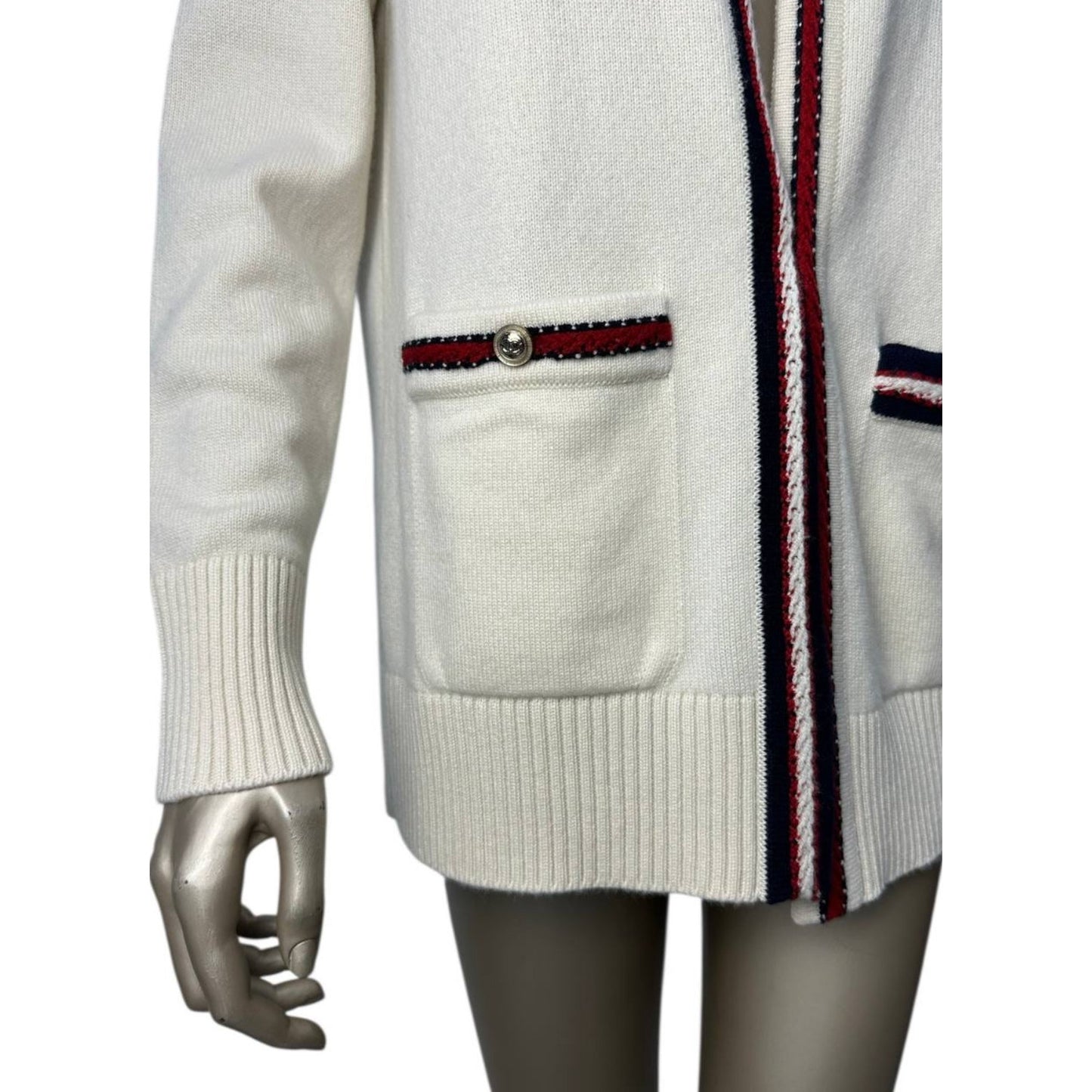 Chanel Ivory Cashmere  Contrast Trim Cardigan Sz 40 Pre-owned