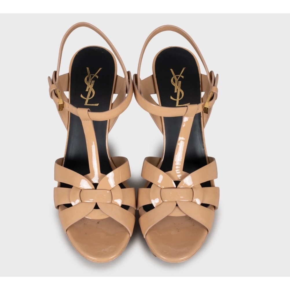 Saint Laurent Beige Patent Leather Wedge Sandals - Size 39 Pre-owned