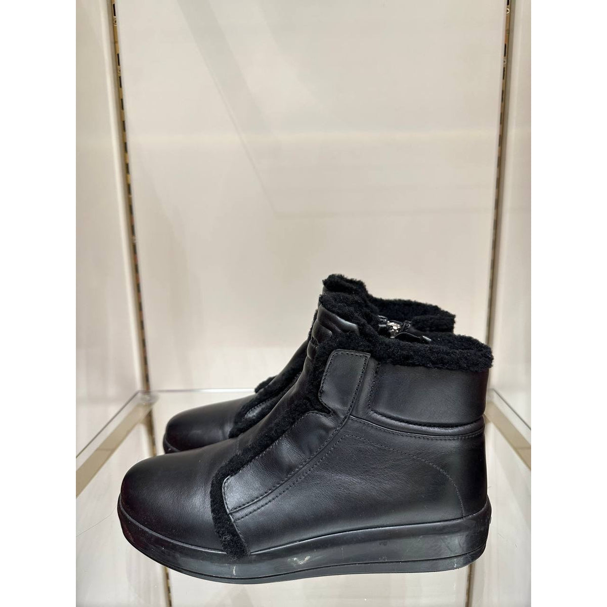 Prada Black Leather Shearling Lined Ankle Boots EU 38 Pre-owned