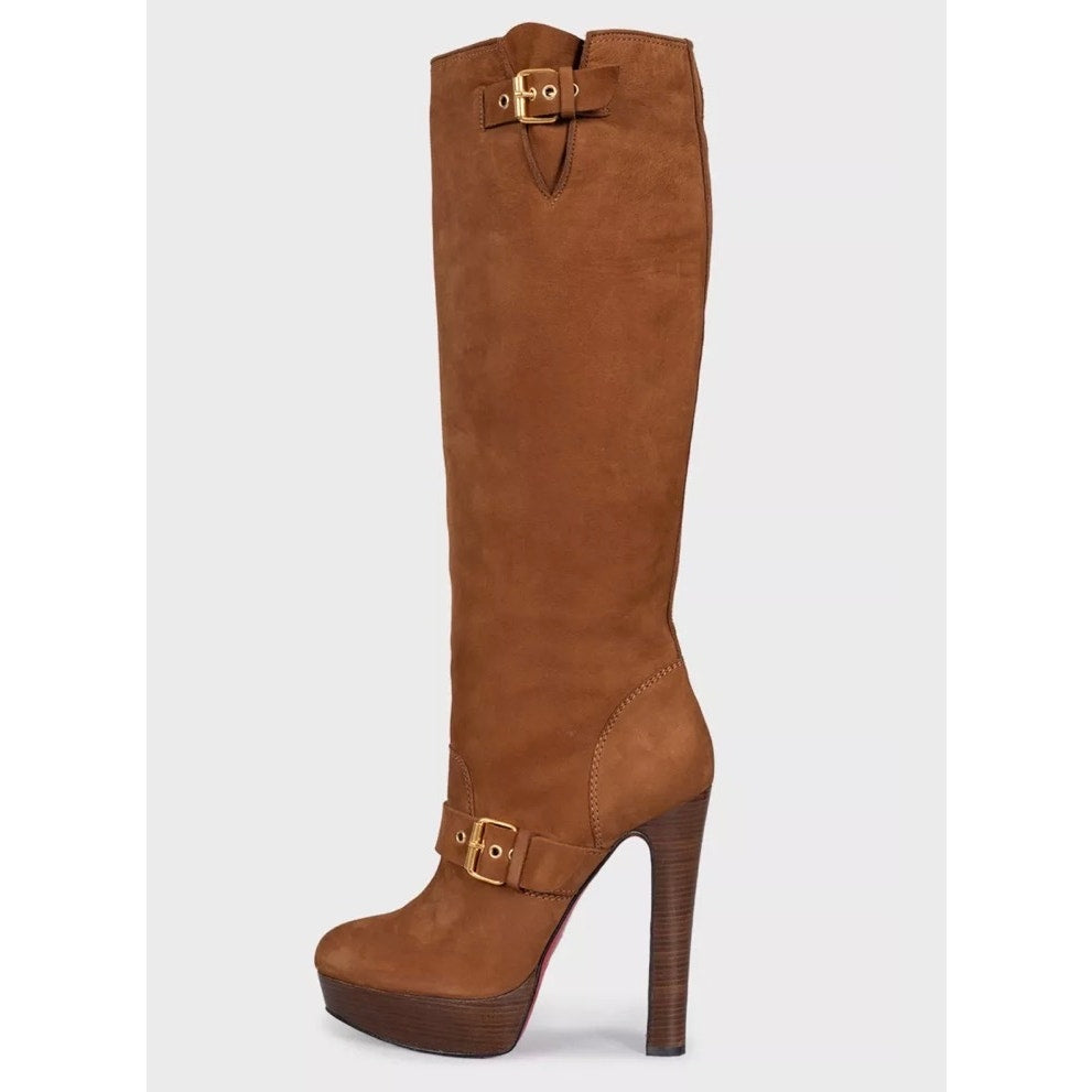 Christian Louboutin Brown Suede Boots with Gold Buckles Sz.39.5 Pre-owned