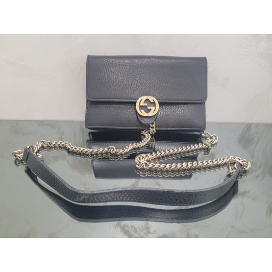 Gucci Interlocking G Black Leather Wallet on Chain Pre-owned