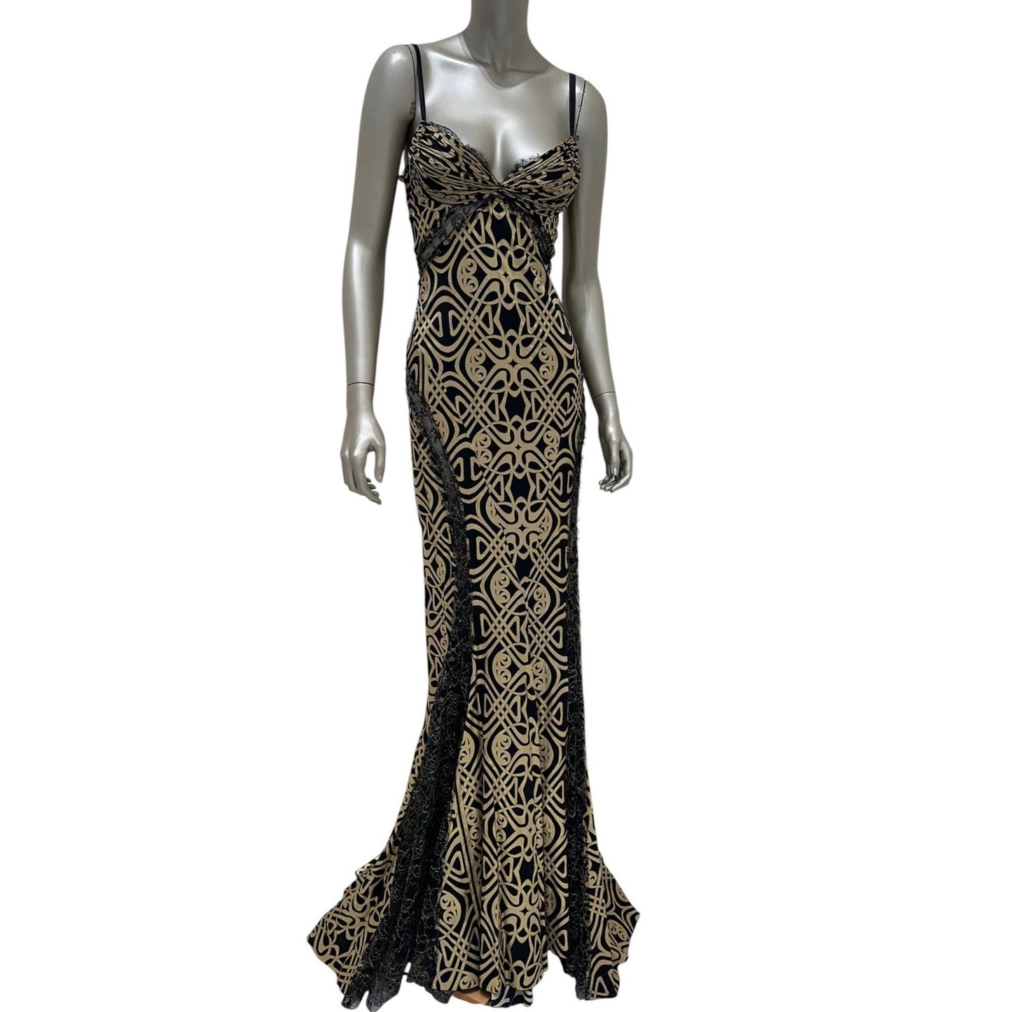 Roberto Cavalli Black & Gold Print Silk Maxi Dress Sz 38 Pre-owned