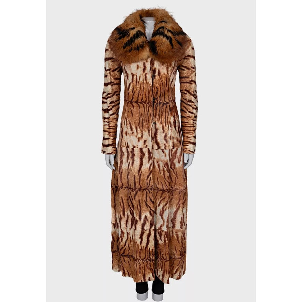 Roberto Cavalli Tiger Print Leather Coat Fur Collar XS pre-owned