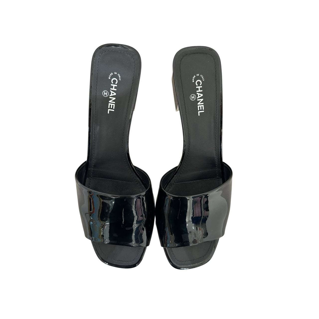 Chanel Black Patent Leather Heeled Mules - Size 41 Pre-owned