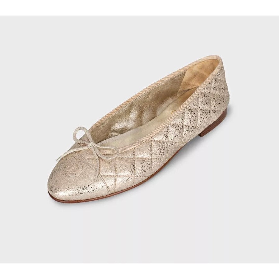Chanel Quilted Gold Leather Ballerina Flats - Size 38.5 Pre-owned