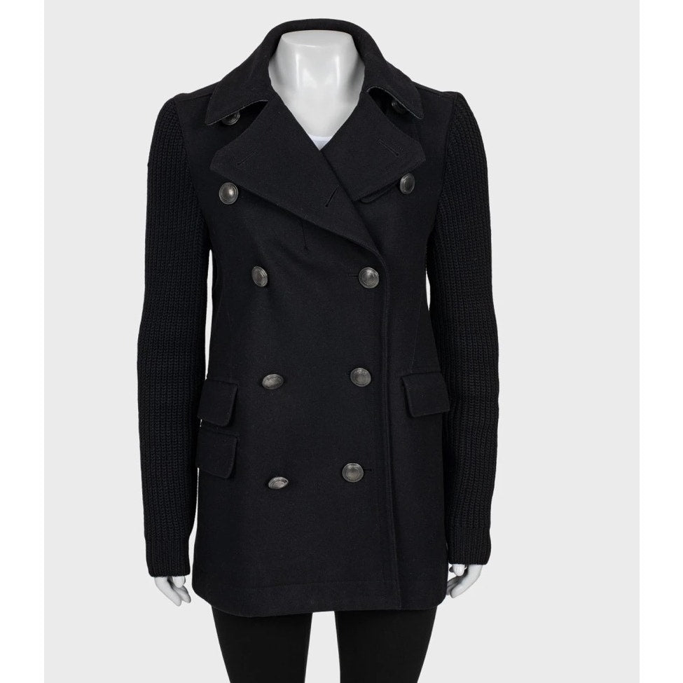 Burberry Brit Black Wool Coat with Knit Sleeves - Size M Pre-owned