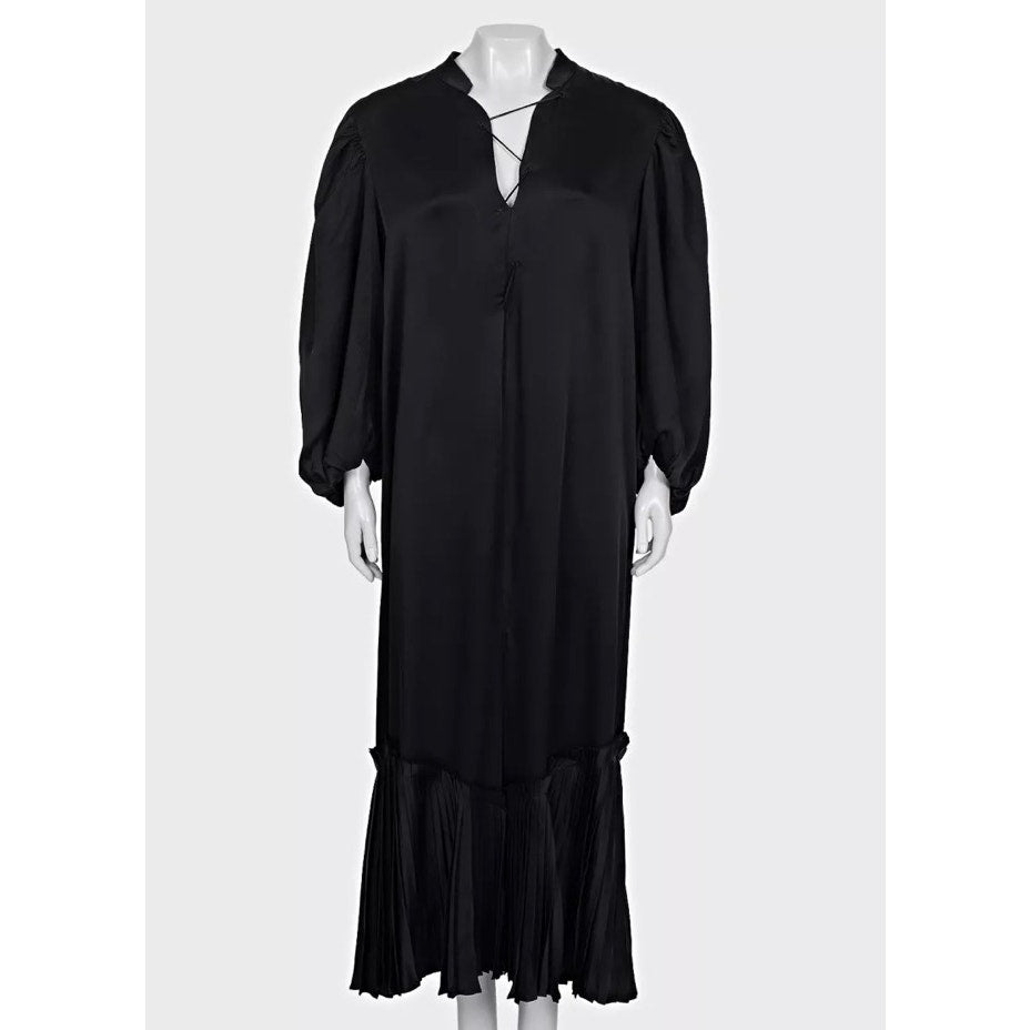 Khaite Black Lace-Up Maxi Dramatic Puff Sleeves Dress Sz.L pre-owned