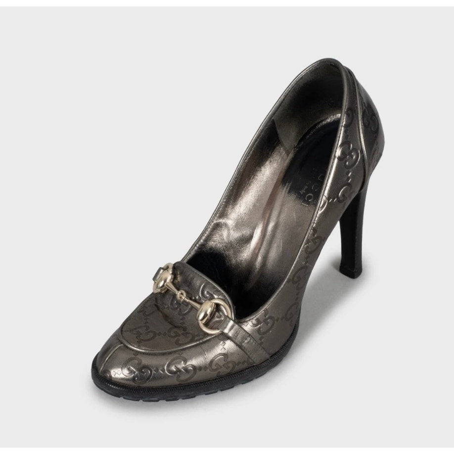 Gucci Silver Embossed Leather Wedge Sandals Sz.35 Pre-owned