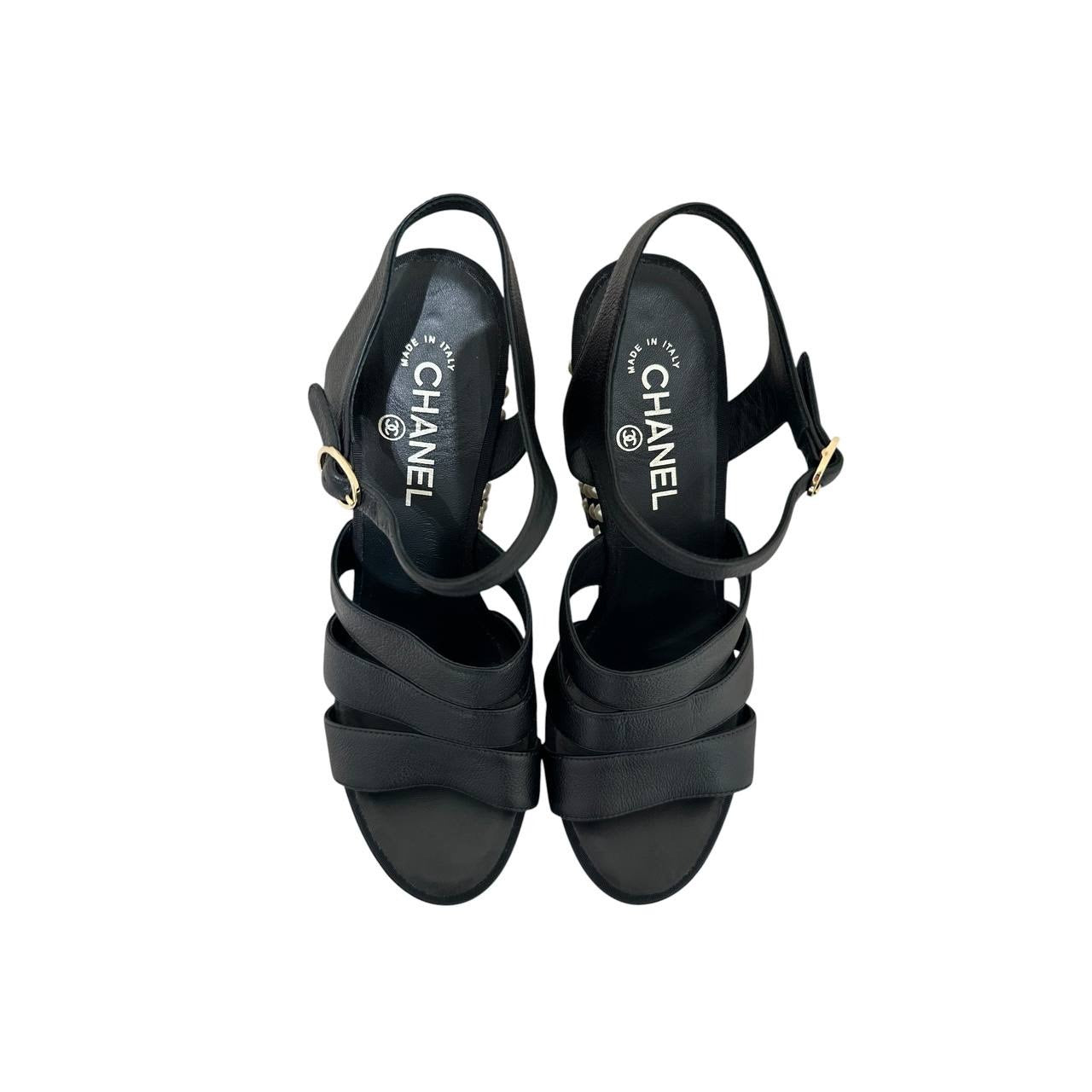 Chanel 2019 Black CC Logo Faux Pearl Platform Sandals Sz.38.5 Pre-owned