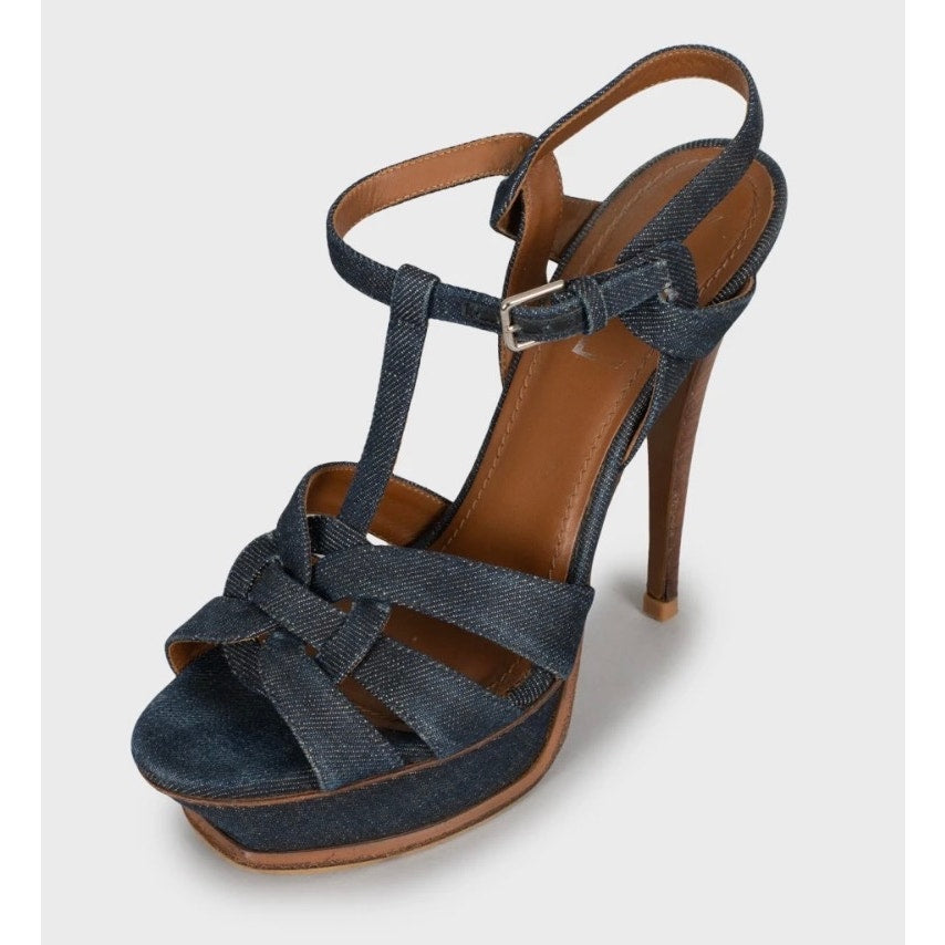 Stylish Saint Laurent Tribute Denim Sandals - Size 37.5 Pre-owned