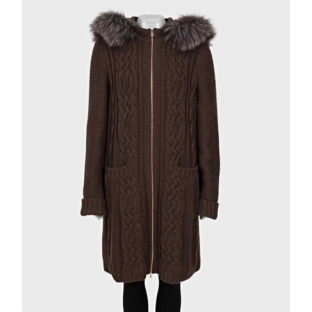 Loro Piana Cashmere Hooded Faux Fox Fur Trim Cardigan Coat 4XL Pre-owned