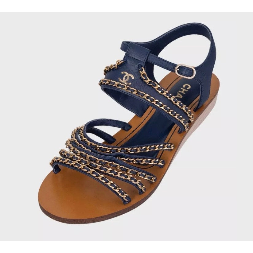 Chanel Blue Leather Chain Sandals - Size 40 Pre-owned