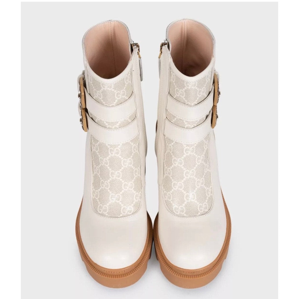 Gucci White Leather Ankle Boots with Buckle Detail Sz.38.5 pre-owned