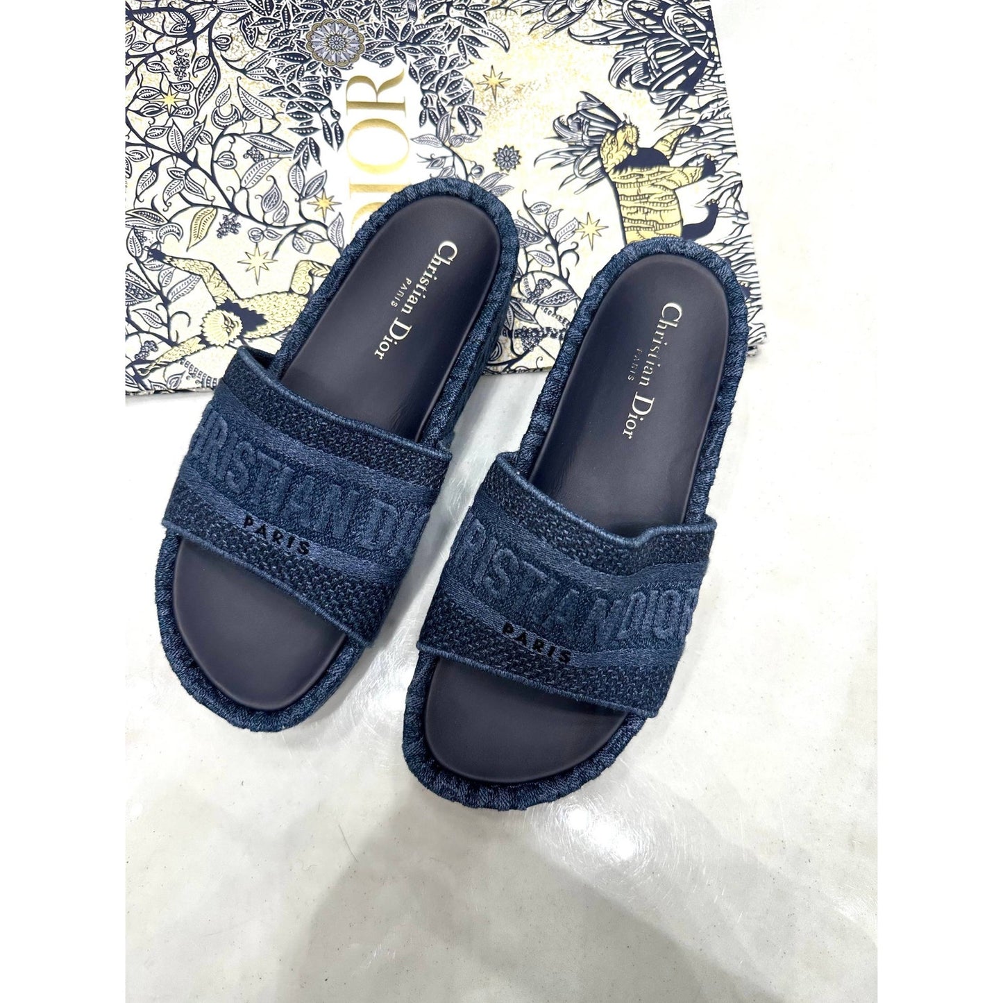 Christian Dior Dway Iconic Denim Logo Platform Slides Sz.38 Pre-owned