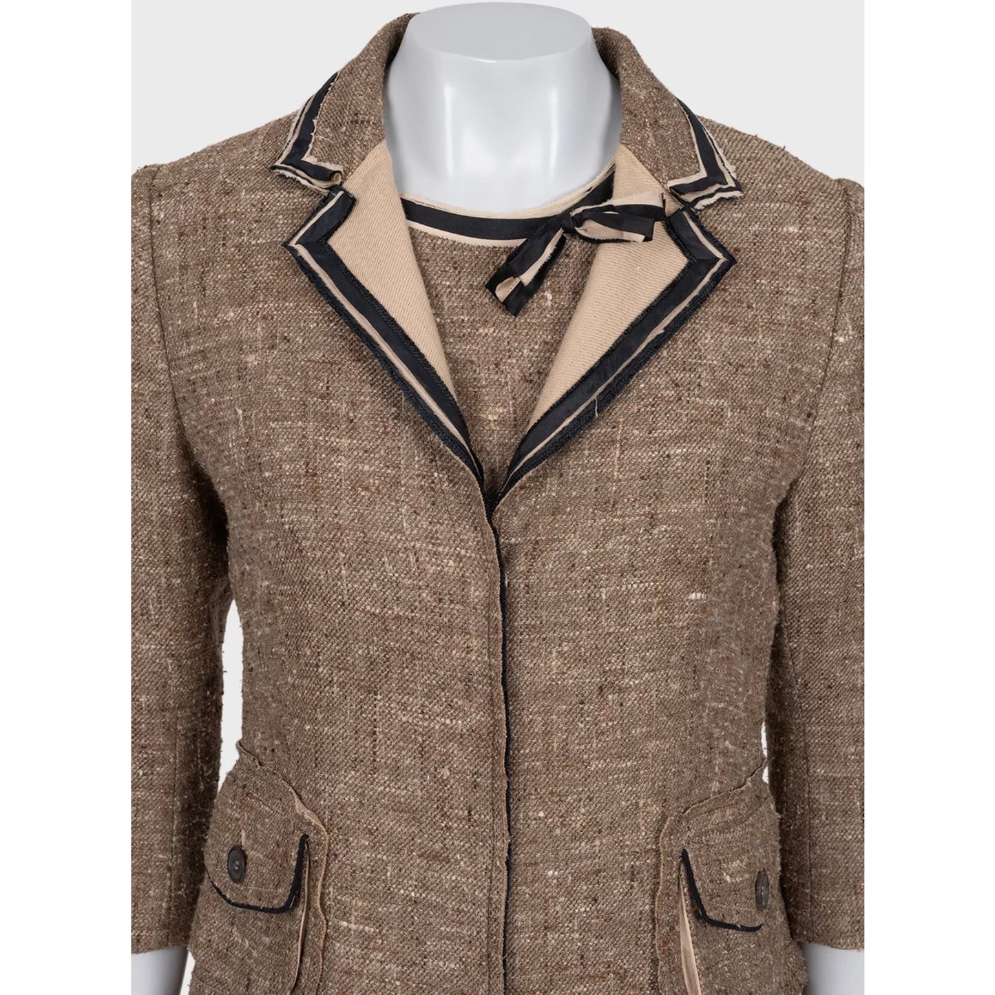 Elegant Prada Brown Silk Blend Dress & Jacket Set Sz.44 Pre-owned