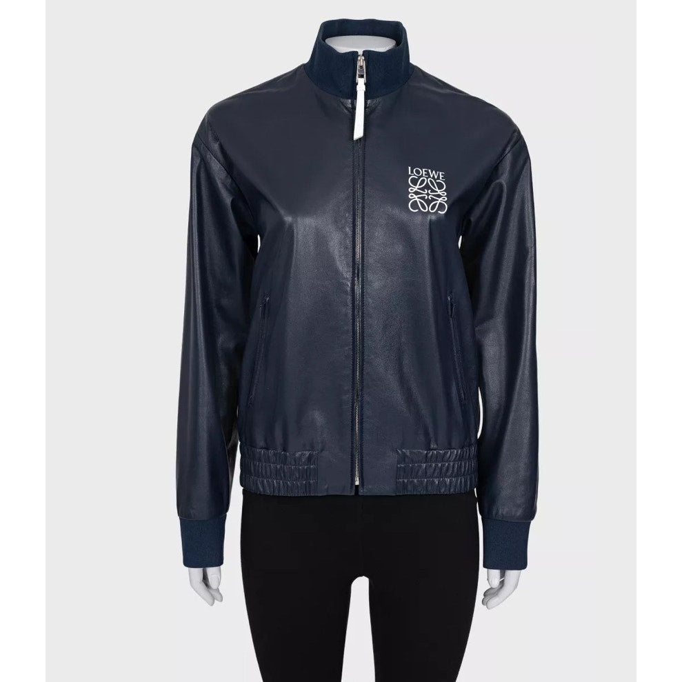 Loewe Blue Leather Jacket with Logo Detail Sz.38/M Pre-owned