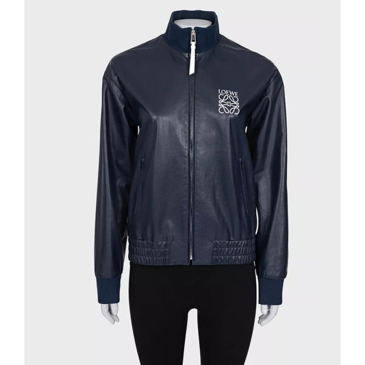 Loewe Blue Leather Jacket with Logo Detail Sz.38/M Pre-owned