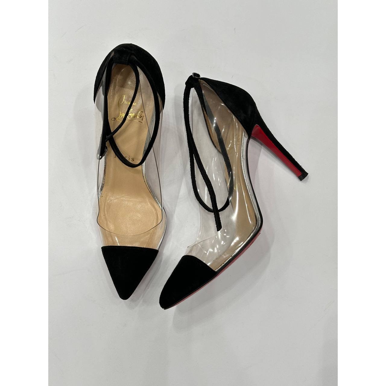 Christian Louboutin Bis Un Bout Black Suede & PVC Pumps Sz.37.5 Pre-owned