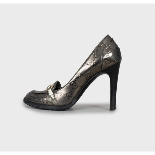 Gucci Silver Embossed Leather Wedge Sandals Sz.35 Pre-owned