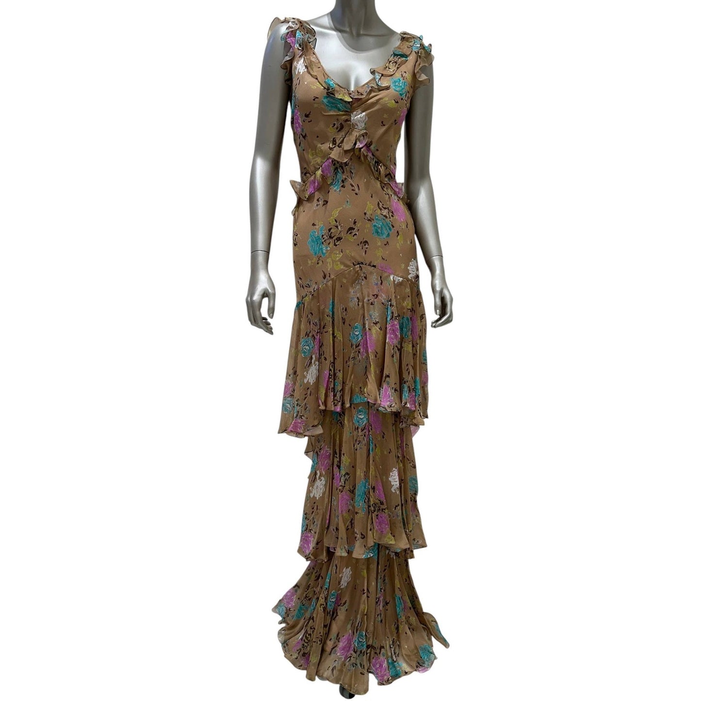 John Galliano Silk Floral Ruffle Evening Gown IT 42 Pre-owned