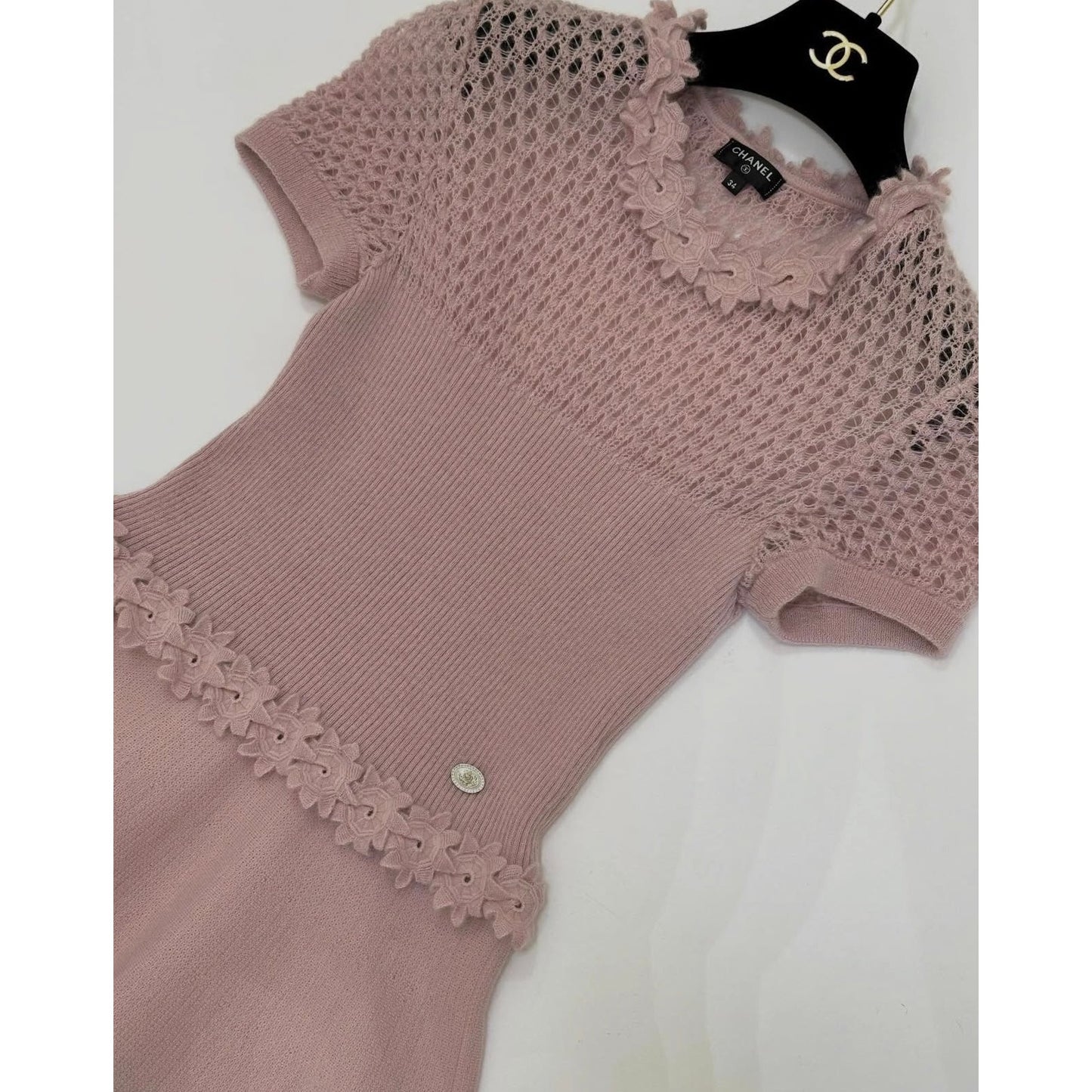 Chanel 17A Pink Flower Trim Embroidery Knit Dress Sz.34 Pre-owned