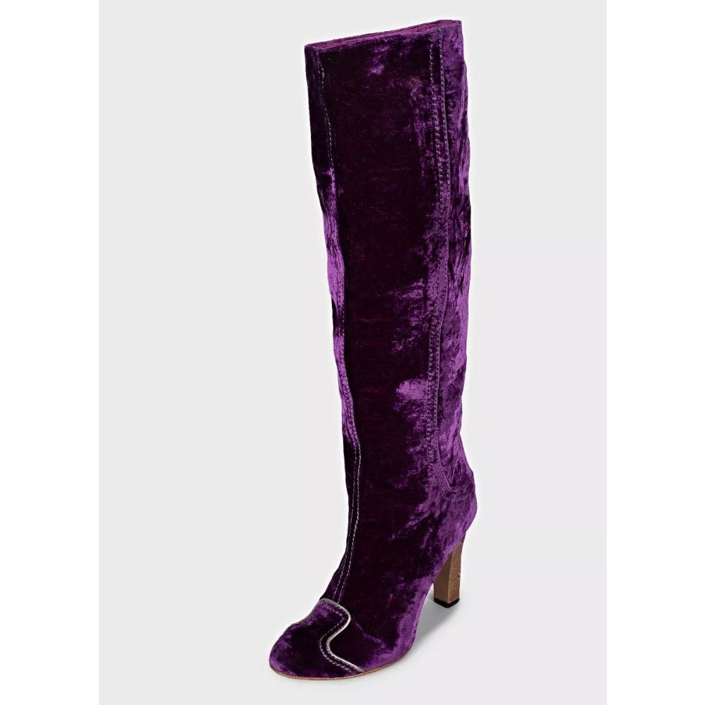 Bottega Veneta Purple Velvet Boots Block Heel Sz 37.5 Pre-owned
