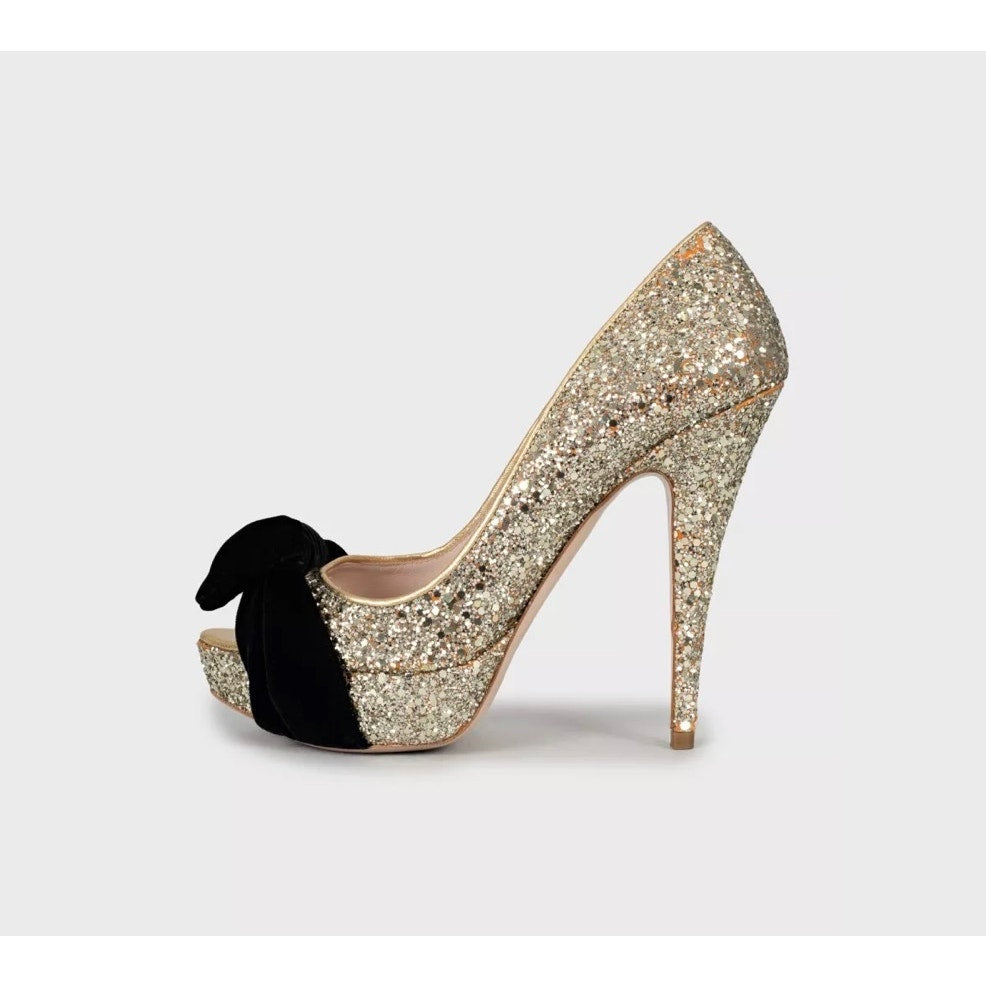 Miu Miu Gold Leather Peep-Toe Heels with Velvet Bow Sz.38 pre-owned