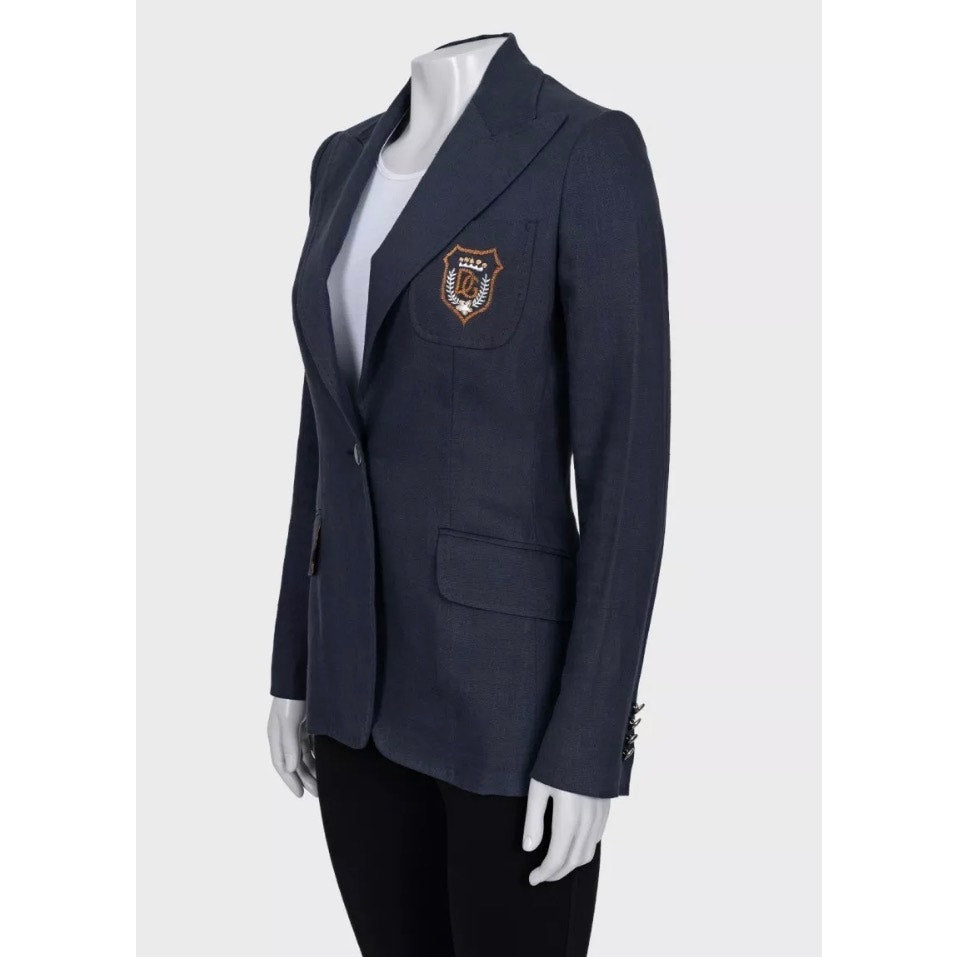 Dolce & Gabbana Blue Linen Embroidered Fitted Jacket - IT38/XS pre-owned